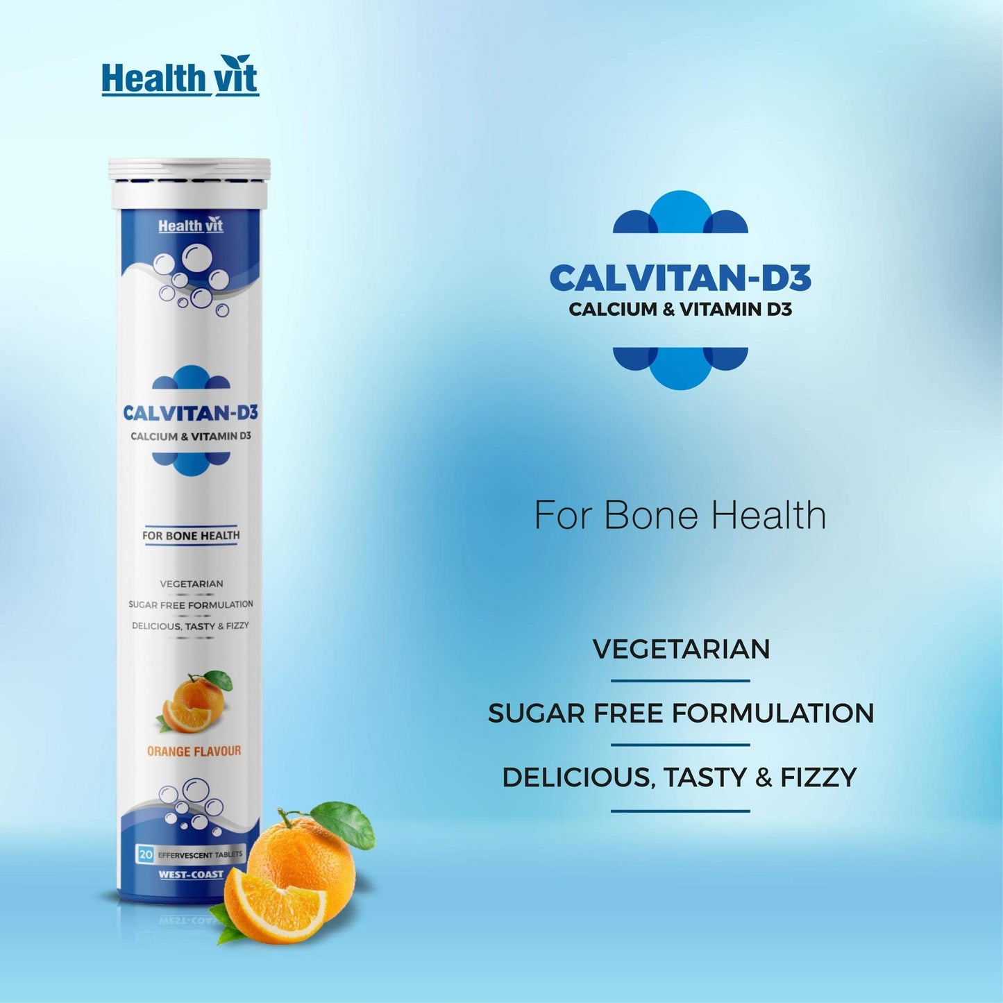 Healthvit Calvitan-D3 Calcium 500mg  Vitamin D3 400IU  For Healthy Bone And Joints  Sugar Free 20 Effervescent Tablets Orange Flavor