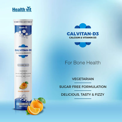 Healthvit Calvitan-D3 Calcium 500mg  Vitamin D3 400IU  For Healthy Bone And Joints  Sugar Free 20 Effervescent Tablets Orange Flavor