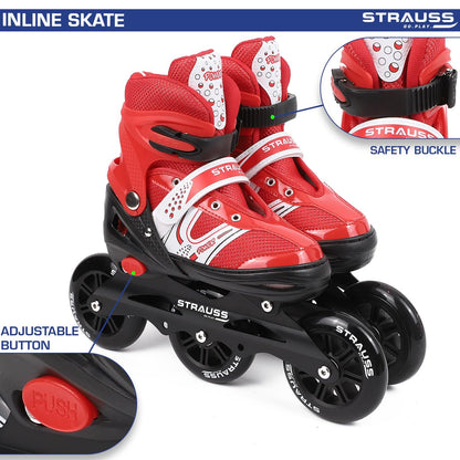 STRAUSS Blaze Adjustable Inline Skates for Boys & Girls, 3 Wheels, Beginner-Friendly, Enhanced Stability, Size M, Red