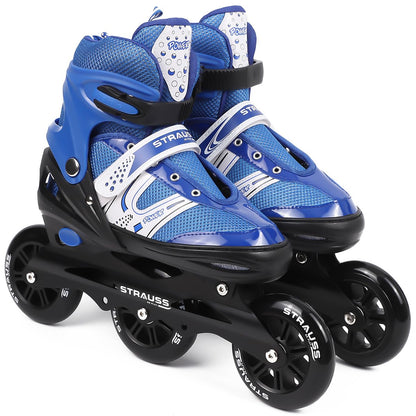 STRAUSS Blaze Adjustable Inline Skates for Boys & Girls, 3 Wheels, Beginner-Friendly, Enhanced Stability, Size L, Blue