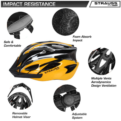 Strauss Adjustable Cycling Helmet, Lightweight, Superior Ventilation, EPS Foam, ABS Shell, for Adults & Kids, Black/Yellow.