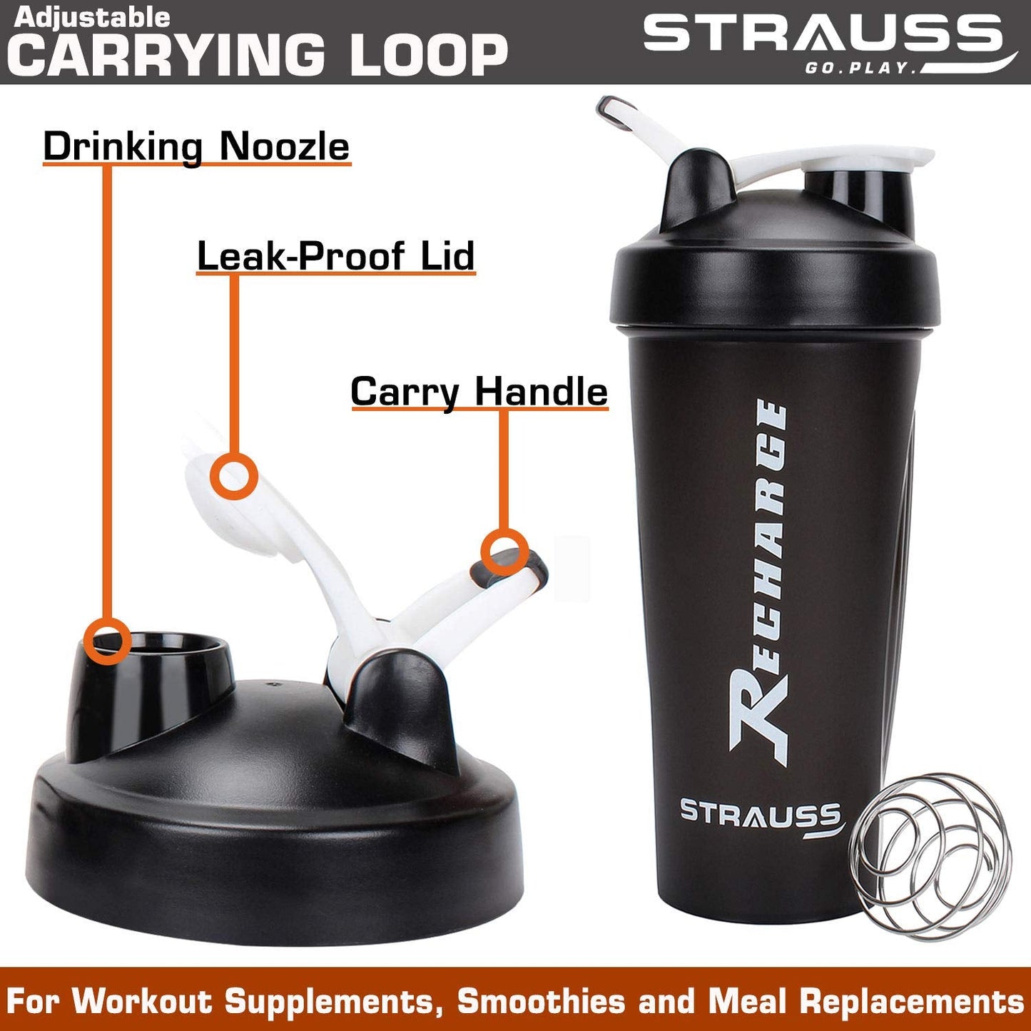 Strauss Recharge Shaker Bottle 600 ml Black