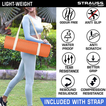 Strauss TPE Yoga Mat 6MM, Anti-Slip, with Carry Strap for Home Workout, Gym, Yoga. Suitable for Men, Women, Kids. Orange.