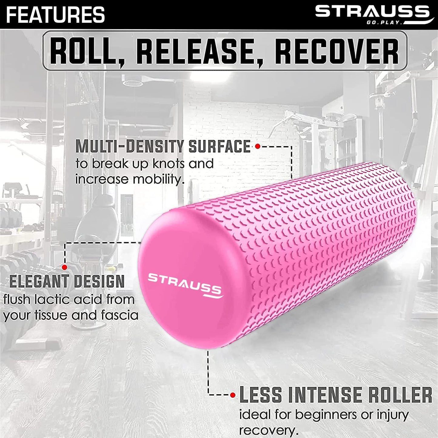 Strauss Yoga Foam Roller  Ideal For Exercise Muscle Recovery Physiotherapy Pain Relief  Myofascial  Deep Tissue Massage Roller 45 Cm Pink