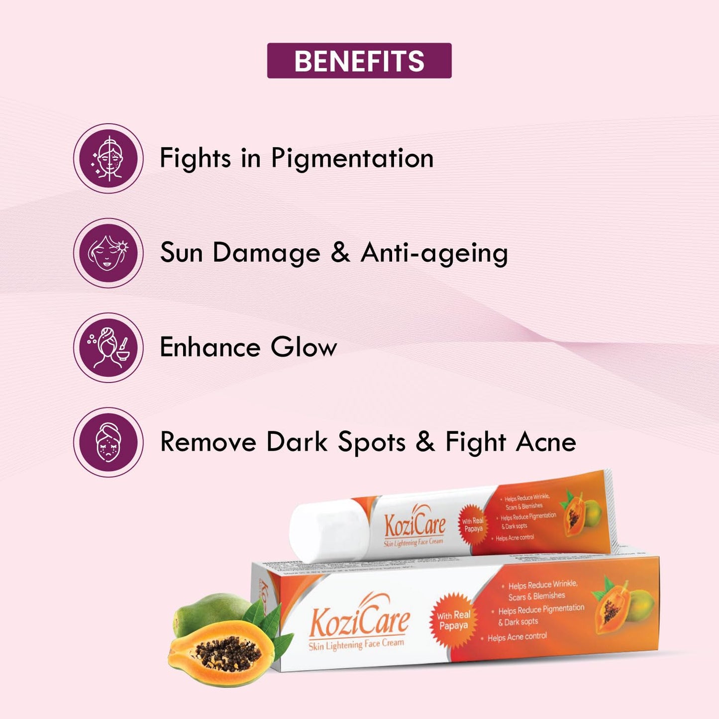 Kozicare Papaya Face Cream with Kojic Acid, Niacinamide, Alpha Arbutin for Pigmentation, Melasma, Dark Spots, Glow - 15g