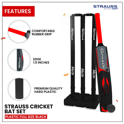 Strauss Cricket Combo Kit: Full Size, 1 Bat, 1 Ball, 3 Stumps, 2 Bails, 1 Base, Black, for All Ages, Tennis/Synthetic Ball.