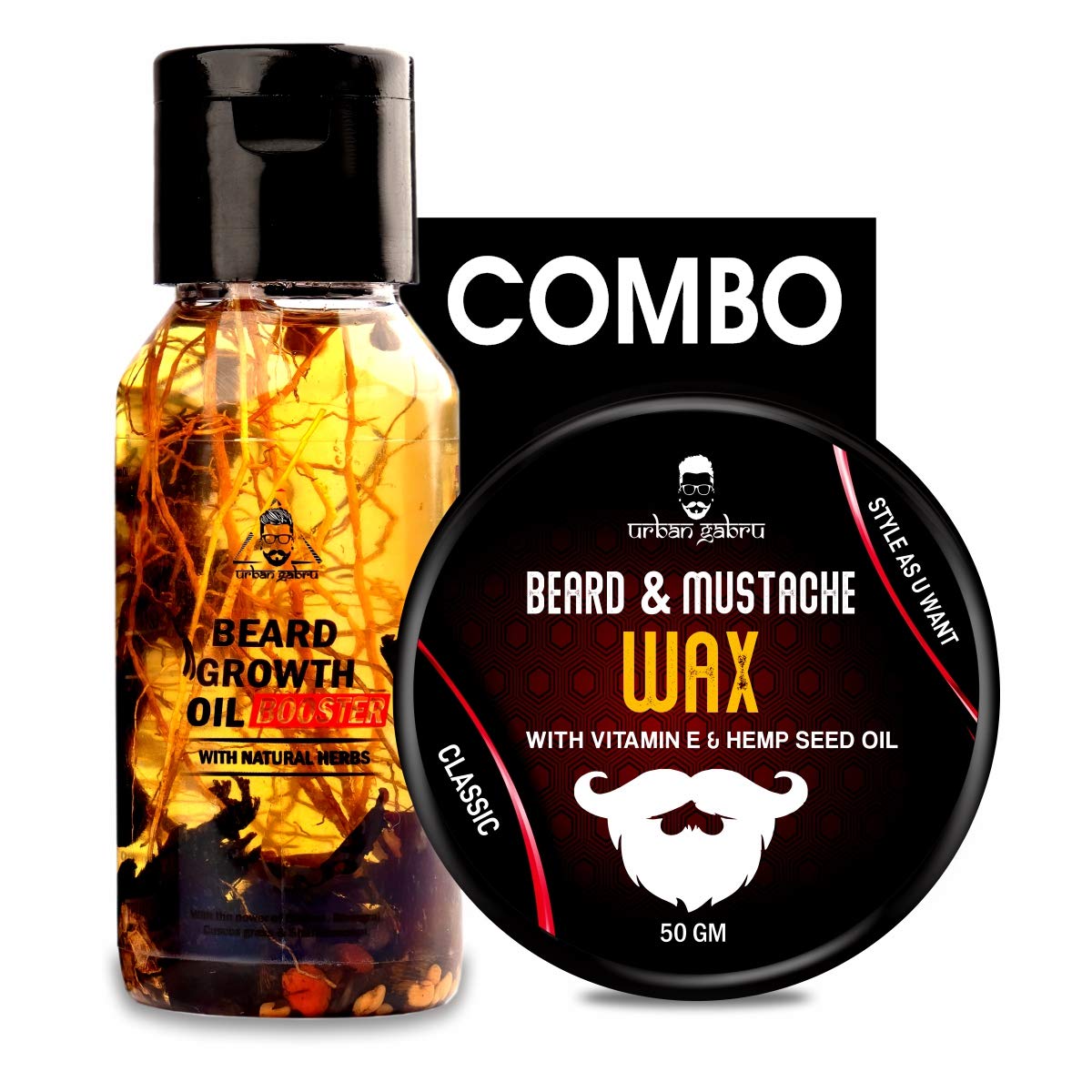 Urbangabru Combo - Beard Booster Oil 60 ML Enriched with Natural Herbs and Beard Wax 50 Gram - All Type of Beard Kit