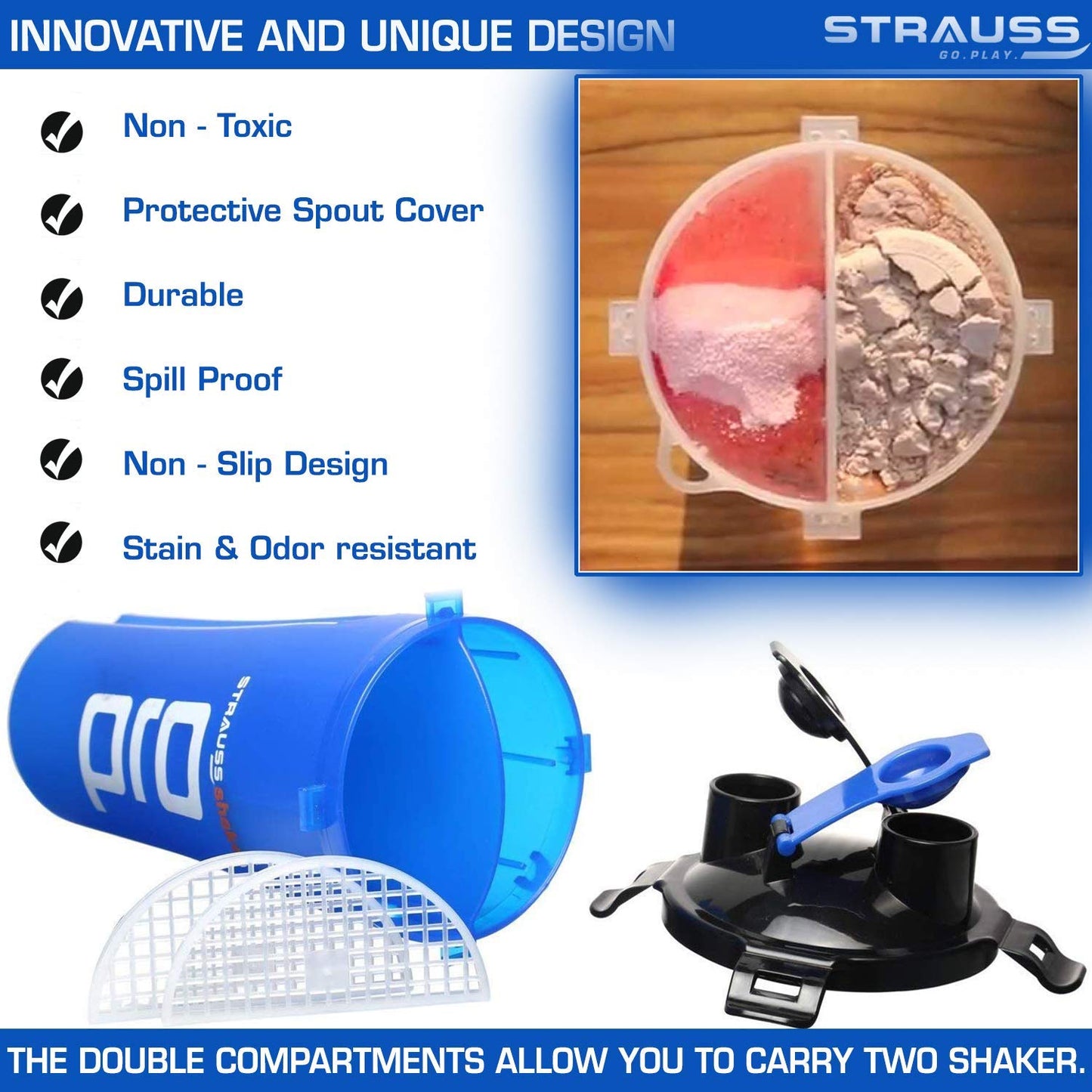 STRAUSS Dual Shaker Pro 700ml, Leakproof, BPA-Free, for Protein Shakes, Gym Use, Men & Women, Blue.