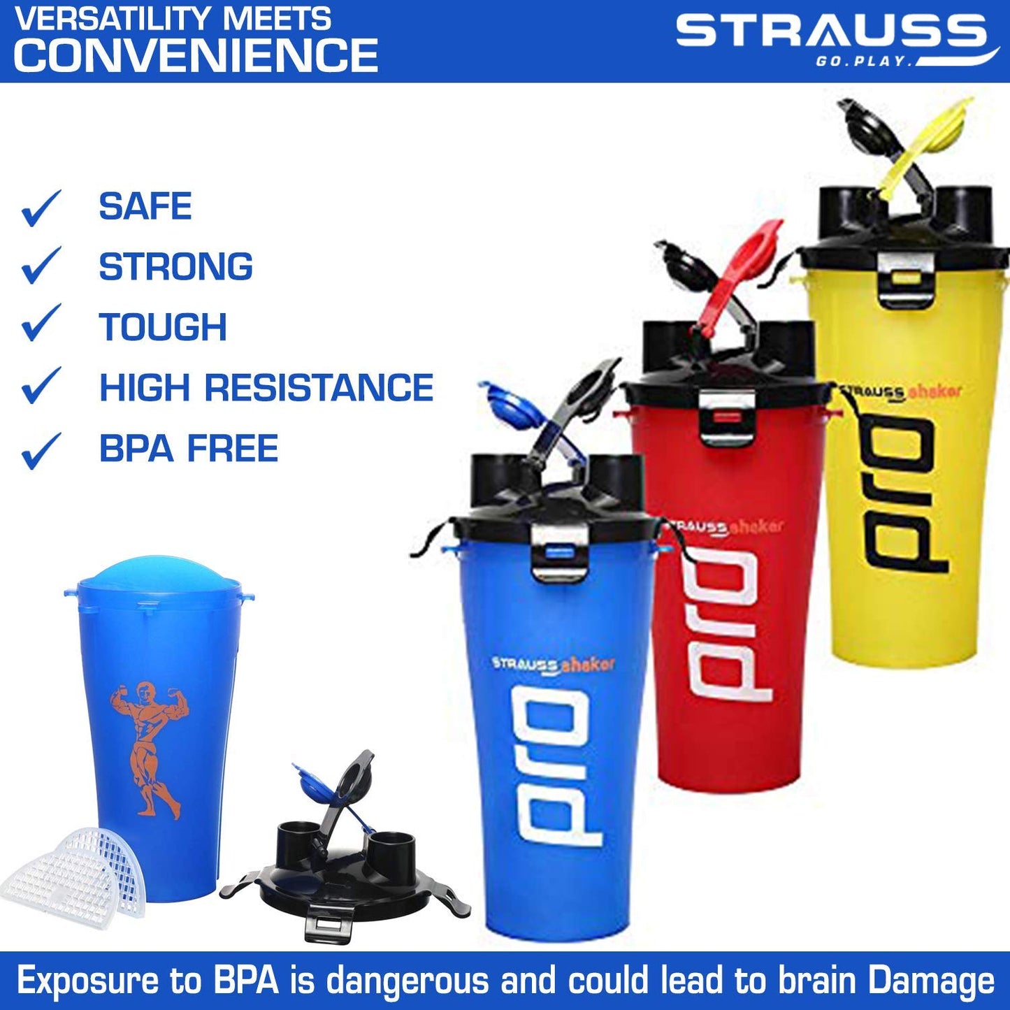 STRAUSS Dual Shaker Pro 700ml, Leakproof, BPA-Free, for Protein Shakes, Gym Use, Men & Women, Blue.