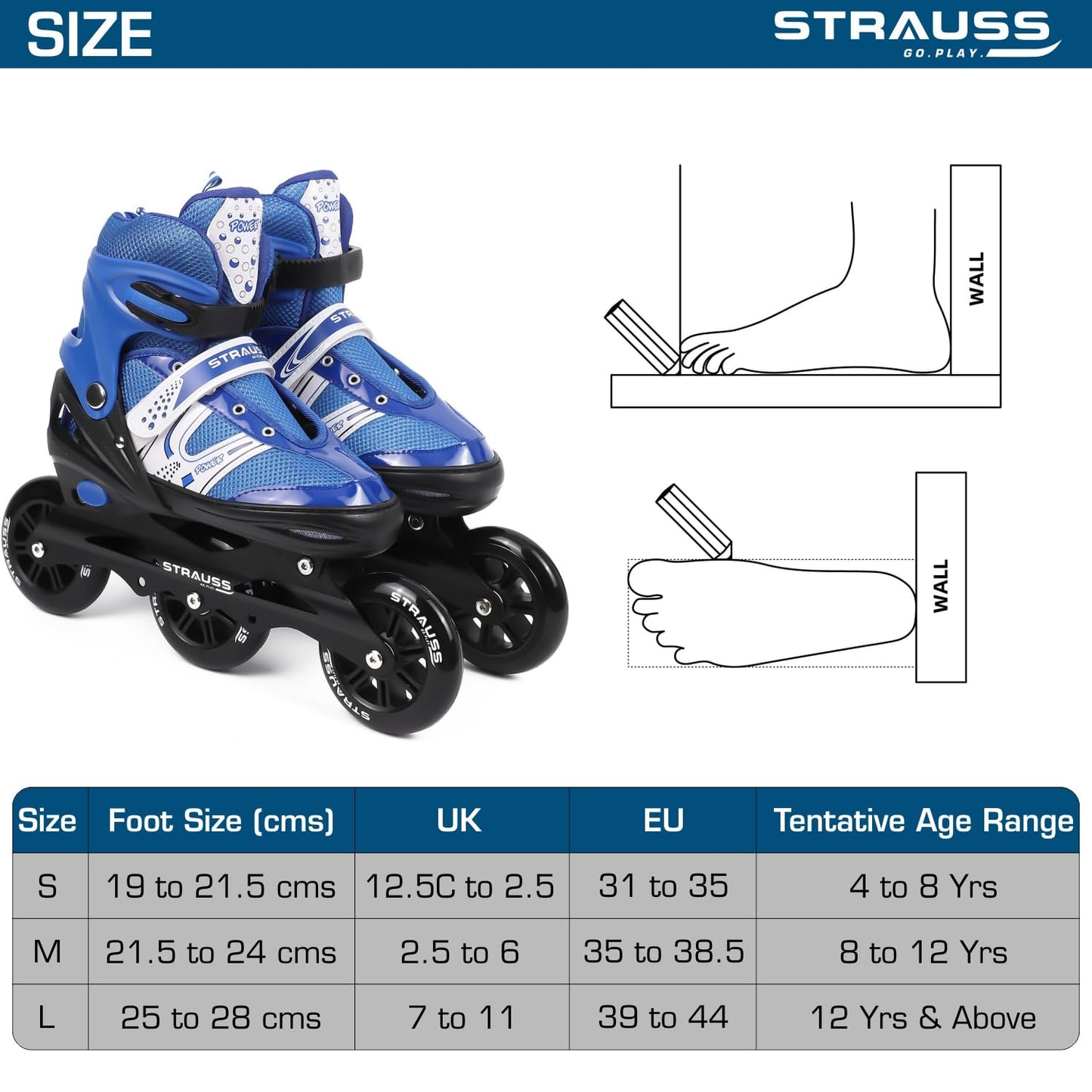 STRAUSS Blaze Adjustable Inline Skates for Boys & Girls, 3 Wheels, Beginner-Friendly, Enhanced Stability, Size L, Blue