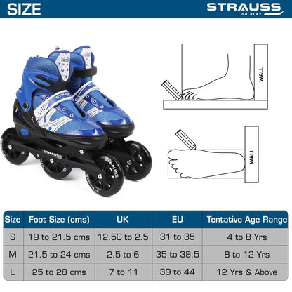 STRAUSS Blaze Adjustable Inline Skates for Boys & Girls, 3 Wheels, Beginner-Friendly, Enhanced Stability, Size L, Blue