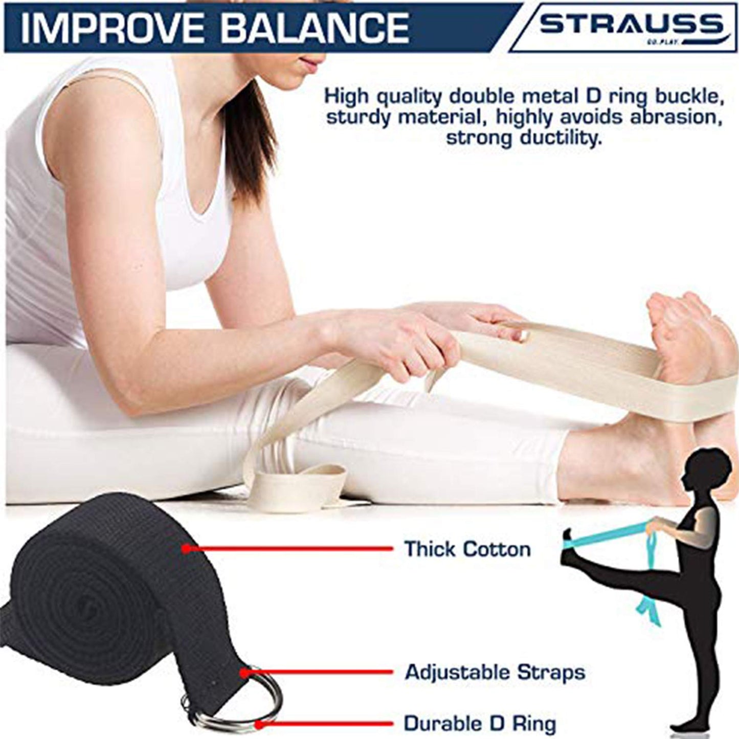 Strauss Yoga Strap: 8ft, thicker belt, adjustable metal D-ring buckle, eco-friendly. Ideal for yoga, pilates, therapy, dance, gymnastics.