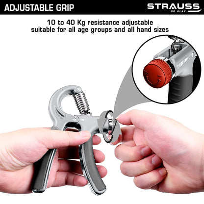 Strauss Adjustable Hand Grip 10KG-40KG for Home Gym Workouts, Perfect for Finger, Forearm, Hand Exercises for Men & Women, Black/Grey