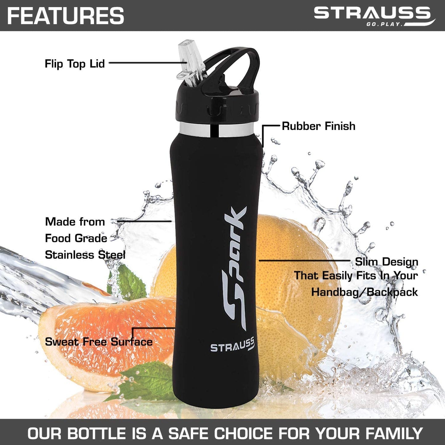 STRAUSS Spark 750ml Leak-Proof Stainless-Steel Water Bottle, Non-Toxic, BPA Free, for Travel, Hiking, Home, Office, School, Rubber Finish Black