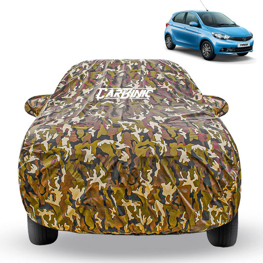 CarBinic Car Cover for Tata Tiago 2021 Water Resistant Tested and Dustproof Custom FitUV Heat Resistant Outdoor Protectionwith Triple Stitched Fully Elastic Surface  Jungle with Pockets
