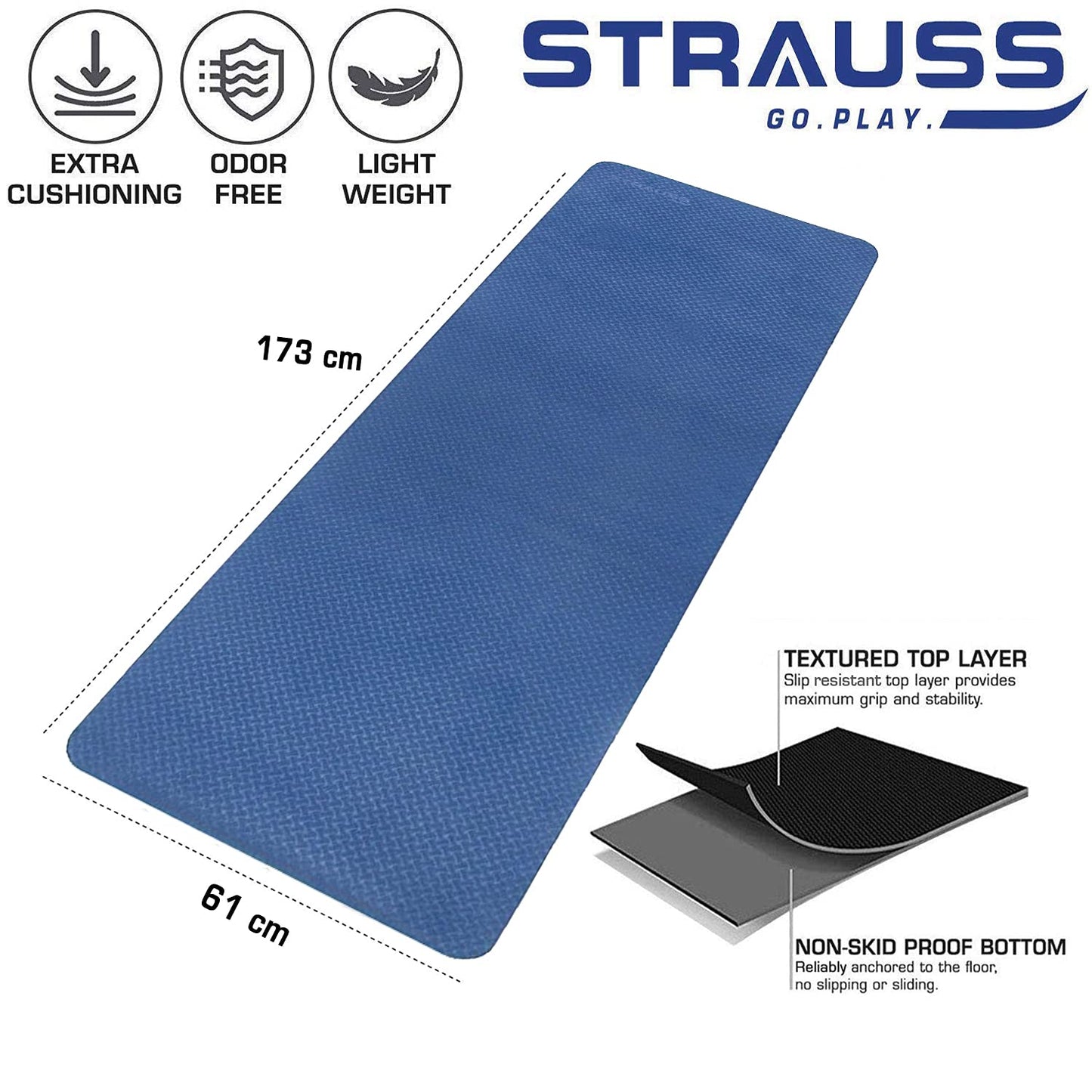 Strauss Yoga Mats for Women  Eco-Friendly mat for Men  Exercise mat for Home Workout Pilates Gym mat Anti Slip Fitness mat  Yoga Mat for Kids Cushioned Yoga mat with Carry Bag 6mm Blue