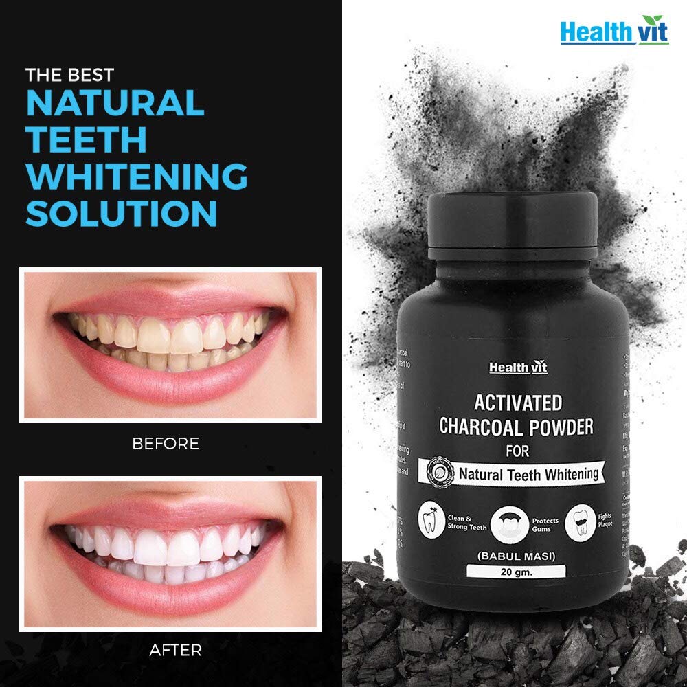 Healthvit Activated Charcoal Powder for Teeth Whitening, Bad Breath Remover, Enamel Safe, Oral Hygiene, Healthy Gums - 20gm