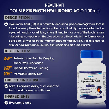 Healthvit Double Strength Hyaluronic Acid 100 mg 60 Capsules Support healthy connective tissue and joints - Promote youthful healthy skin