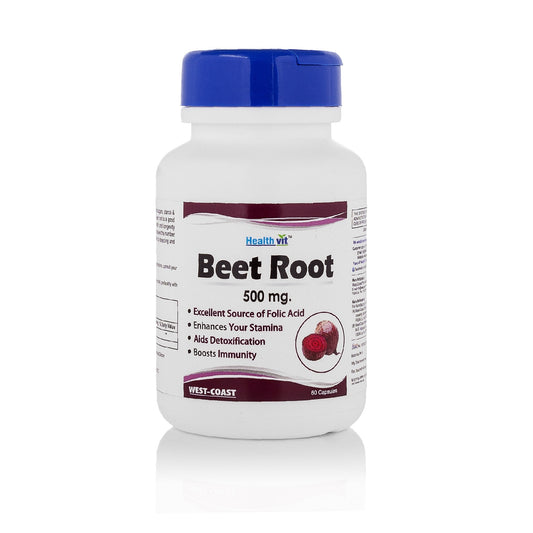 Healthvit Beet Root 500mg - Folic Acid, Heart Health, Endurance, Immunity Boost, Nitric Oxide, Stamina, 60 Capsules