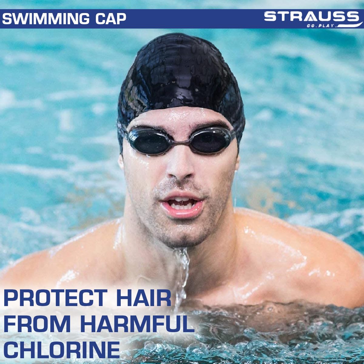 Strauss Swim Cap: Keeps hair clean, ear protector, breathable, waterproof, for kids, boys, girls, long/short hair, black.