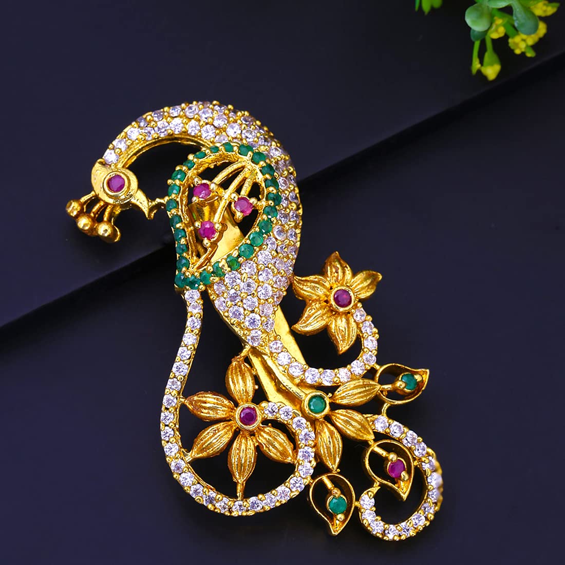 Yellow Chimes Brooch for Women Classic ADAmerican Diamond Brooch Pin Peacock Design Gold Plated Bridal Saree Pin for Women and Girls