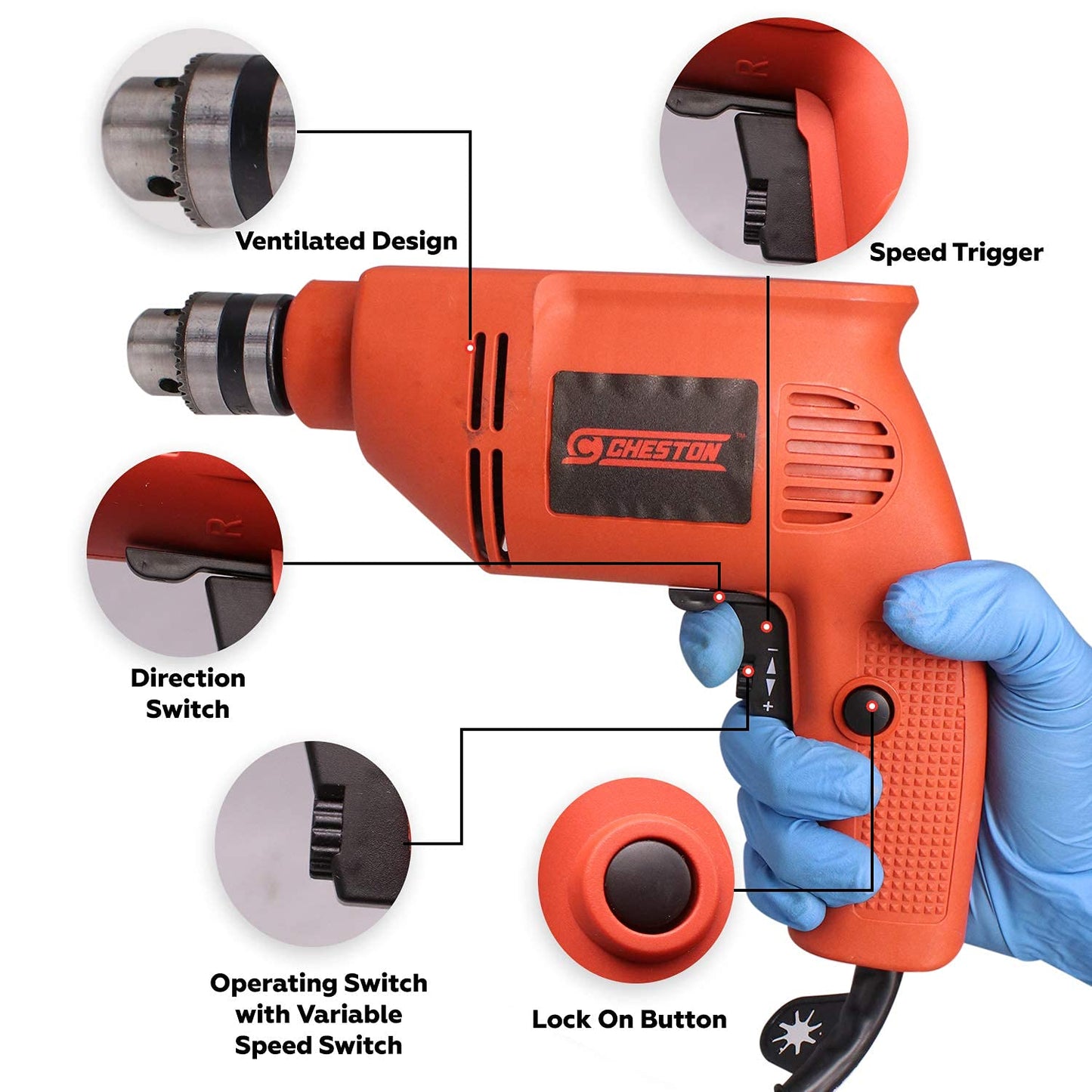 Cheston 10mm Drill Machine Set 400W, Variable Speed, Reverse/Forward, 2600 RPM, Power Tool Kit, Pack of 10