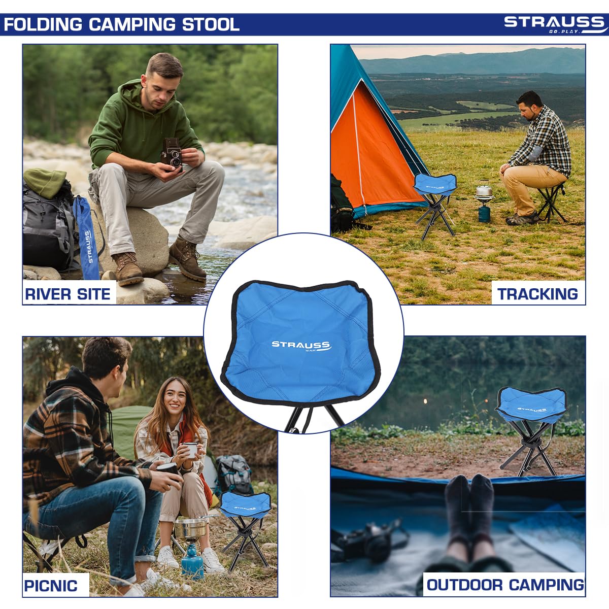 STRAUSS Folding Camping Chair  Portable  Foldable Stool  Portable Chair for Camping Fishing Hiking Gardening and Beach 4 Leg Chair Blue