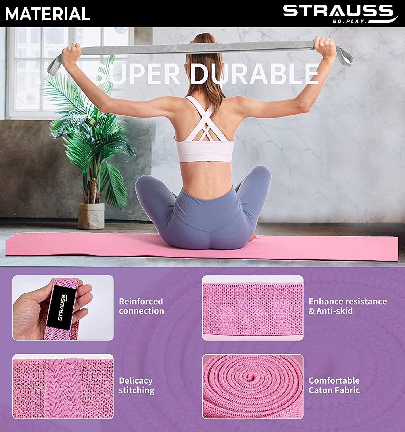 Strauss Fabric Resistance Bands for Exercise & Workout, Ideal for Stretching, Chin Ups, Physical Therapy, Home Exercise for Men & Women, Pink