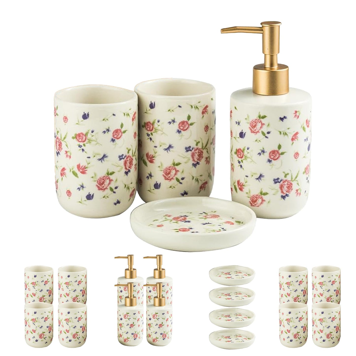 The Better Home Ceramic 4 Pc Bathroom Set: Soap Dispenser, Toothbrush Holder, Soap Holder, Tumbler, White.