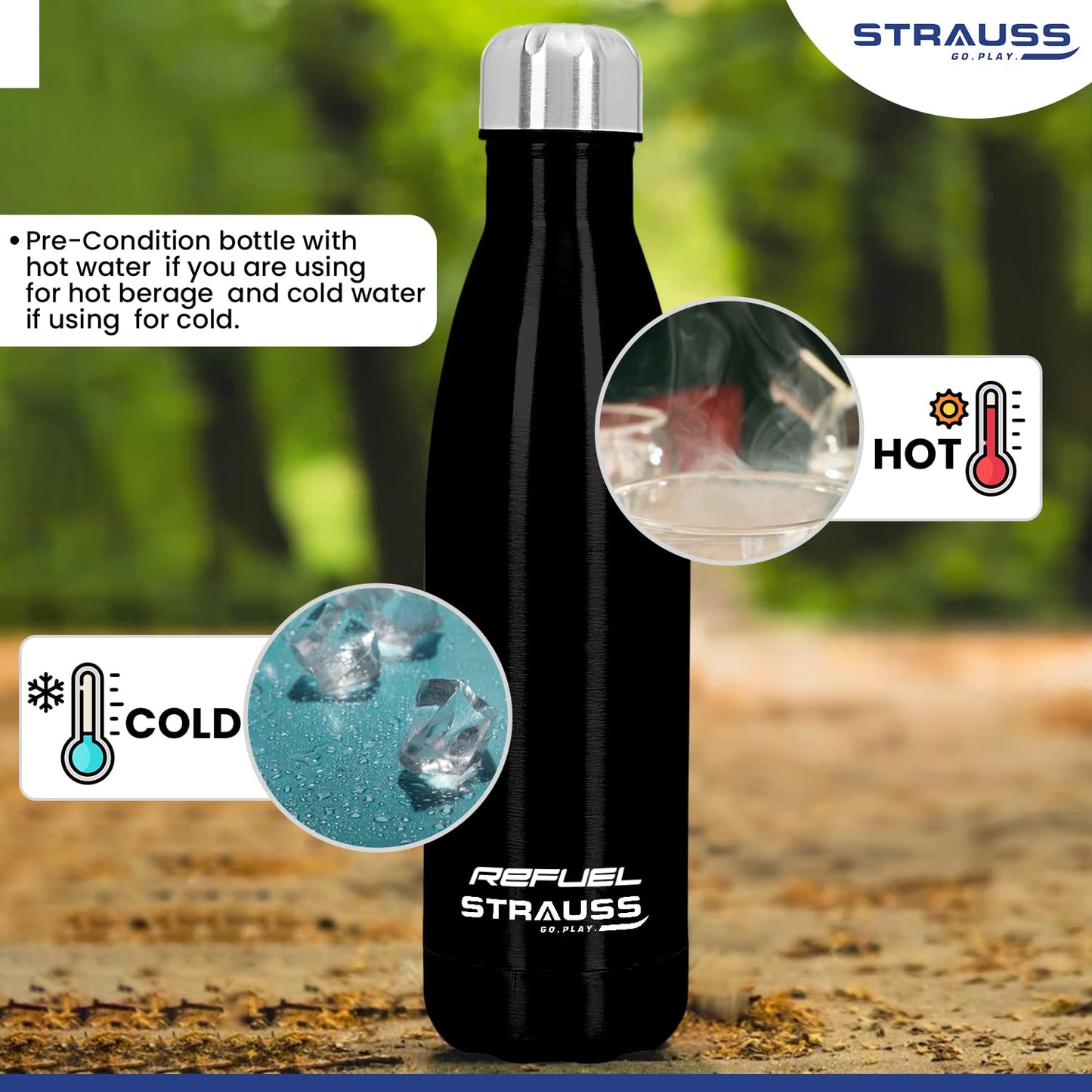 Strauss Refuel Steel Water Bottle  Leak Proof  Rust Free  Ideal for Office Gym Sports Kitchen Hiking Trekking  Travel  Vacuum InsulatedBlack