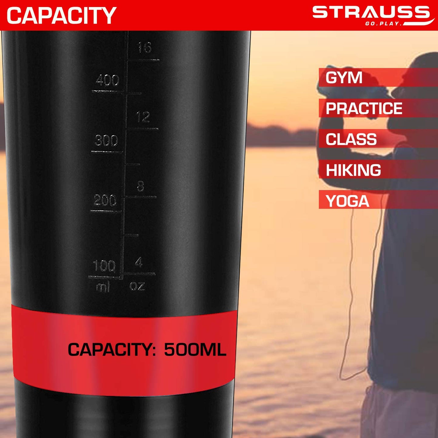 STRAUSS Spider Gym Shaker Bottle, 500ML, 2 Storage Compartments, Leakproof, BPA Free, Red