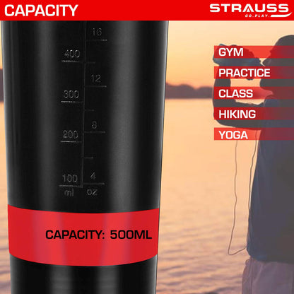 STRAUSS Spider Gym Shaker Bottle, 500ML, 2 Storage Compartments, Leakproof, BPA Free, Red