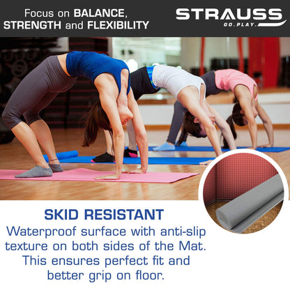 Strauss Eco-friendly Anti-Slip Yoga Mat with Carry Bag for Men & Women, Home Gym, Workout, Pilates, Floor Exercises. Sizes: 4mm, 6mm, 8mm. Grey.