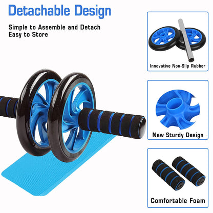 Strauss Double Wheel Ab Exerciser with Knee Mat, Anti-Skid Base, Non-Slip Handles, Dual Ab Exercise, Core Workout, Home Use, Blue.