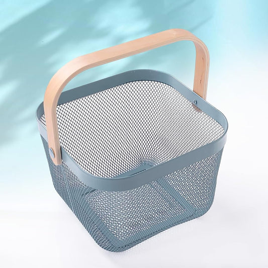 The Better Home Metal Mesh Storage Basket with Wooden Handle  Ideal for Storage Shopping Picnics and More Blue