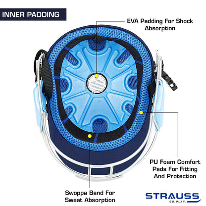 Strauss Cricket Helmet, Steel Grill, Medium, Age 15+, Blue, Men/Women, Lightweight, Advanced Protection, Leather Ball.