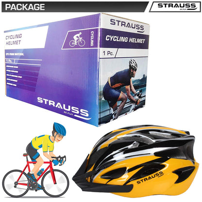 Strauss Adjustable Cycling Helmet, Lightweight, Superior Ventilation, EPS Foam, ABS Shell, for Adults & Kids, Black/Yellow.