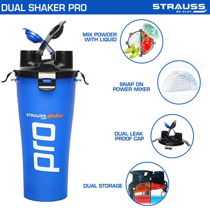 STRAUSS Dual Shaker Pro 700ml, Leakproof, BPA-Free, for Protein Shakes, Gym Use, Men & Women, Blue.