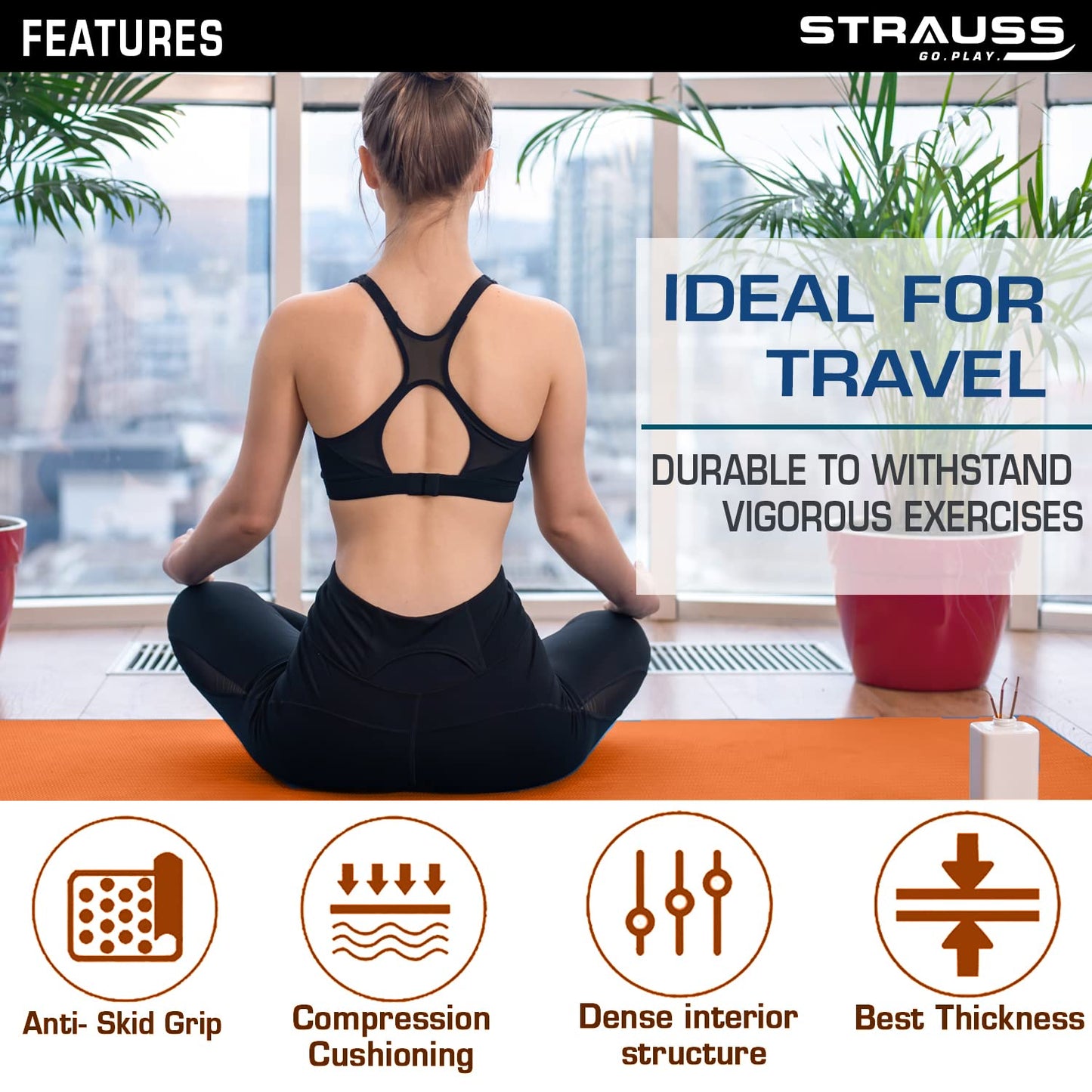 Strauss TPE Yoga Mat 6MM, Anti-Slip, with Carry Strap for Home Workout, Gym, Yoga. Suitable for Men, Women, Kids. Orange.