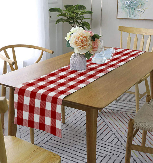 Lushomes Buffalo Checks Red Crochet Table Runner, 13x72 inches, for 6-seater dining, living room, center, or coffee table.