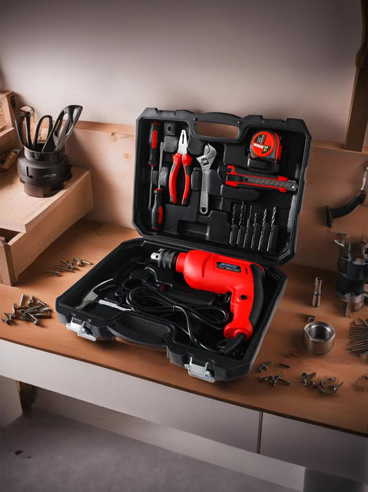 Cheston 13mm 650W Impact Drill Kit, 3000RPM, 17-Piece Tool Kit: Drill Bits, Tape, Hammer, Plier, Screwdriver.