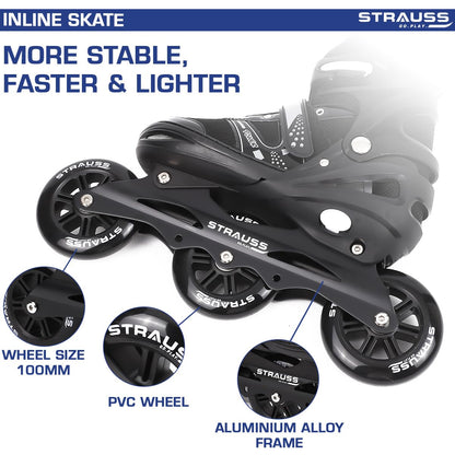 STRAUSS Trinity Adjustable Inline Skates for Boys & Girls, Beginner-Friendly, 3 Wheels, Enhanced Stability, Size M, Black