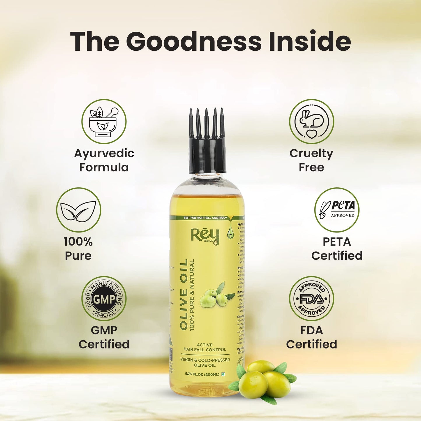 Rey Naturals Cold Pressed Olive Oil for Hair - Nourishing Hair Oil for All Hair Types - Deeply Moisturizes Repairs and Strengthens Hair - For Hair Growth and Adds Shine - 200ml 200ml