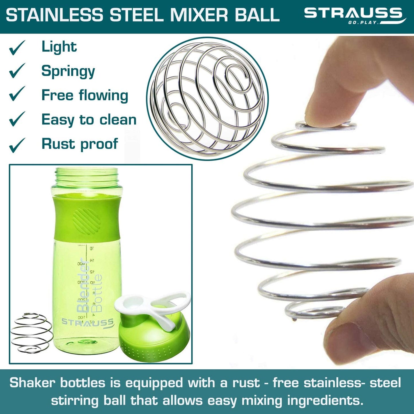 STRAUSS Leakproof Shaker Bottle for Protein Shakes, Pre-workout, BCAA, Gym, BPA-Free, 760 ML, Green. Ideal for Men and Women.