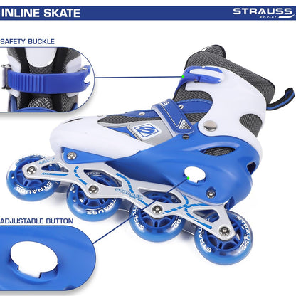 STRAUSS Vortex Adjustable Inline Skates for Boys & Girls, 4 Wheels, Beginner-Friendly, Enhanced Stability, Size M, Blue