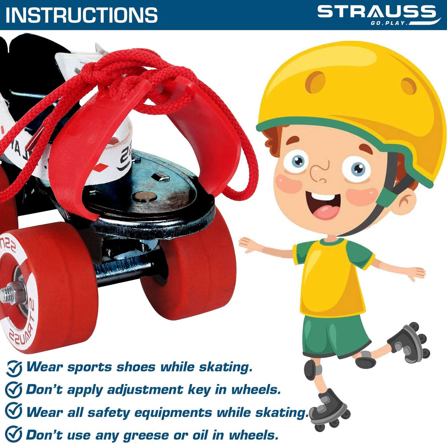 STRAUSS Tenacity Roller Skates for Kids, Adjustable Size, 4 Wheels, Indoor/Outdoor, Ages 6-8, Black