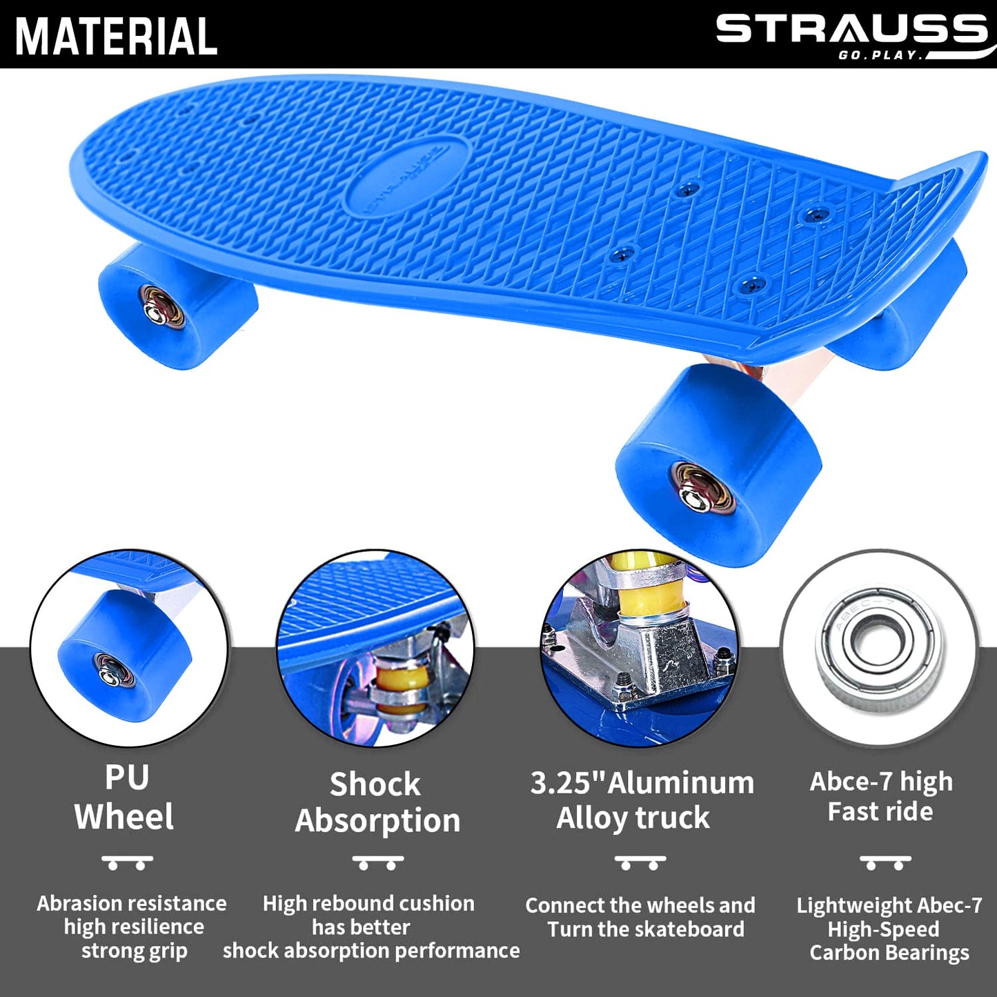 STRAUSS Cruiser PW Skateboard, Anti-Skid, ABEC-7 Bearings, 22x6 Inch, Blue, Ideal for All Skill Levels.