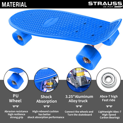 STRAUSS Cruiser PW Skateboard, Anti-Skid, ABEC-7 Bearings, 22x6 Inch, Blue, Ideal for All Skill Levels.