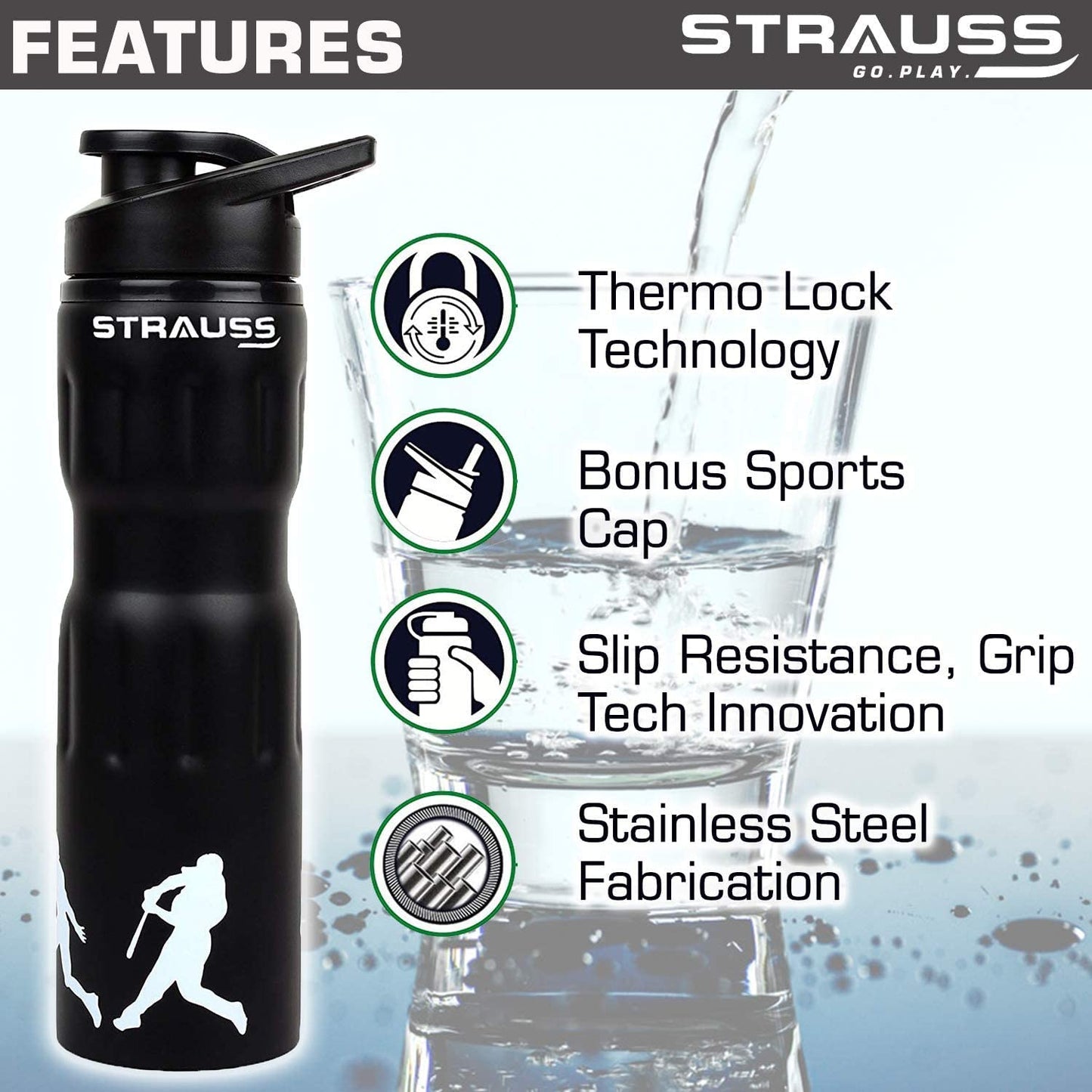 STRAUSS Stainless Steel Water Bottle  Gym Shaker Bottle  Sipper Bottle  Gym Bottle