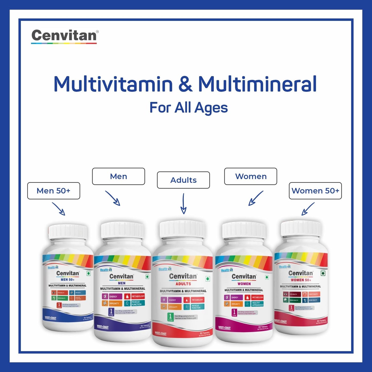 Healthvit Cenvitan Men 50 Multivitamins & Minerals, 25 Nutrients for Eye, Immunity, Bone & Muscle Health, 60 Tablets, Pack of 2